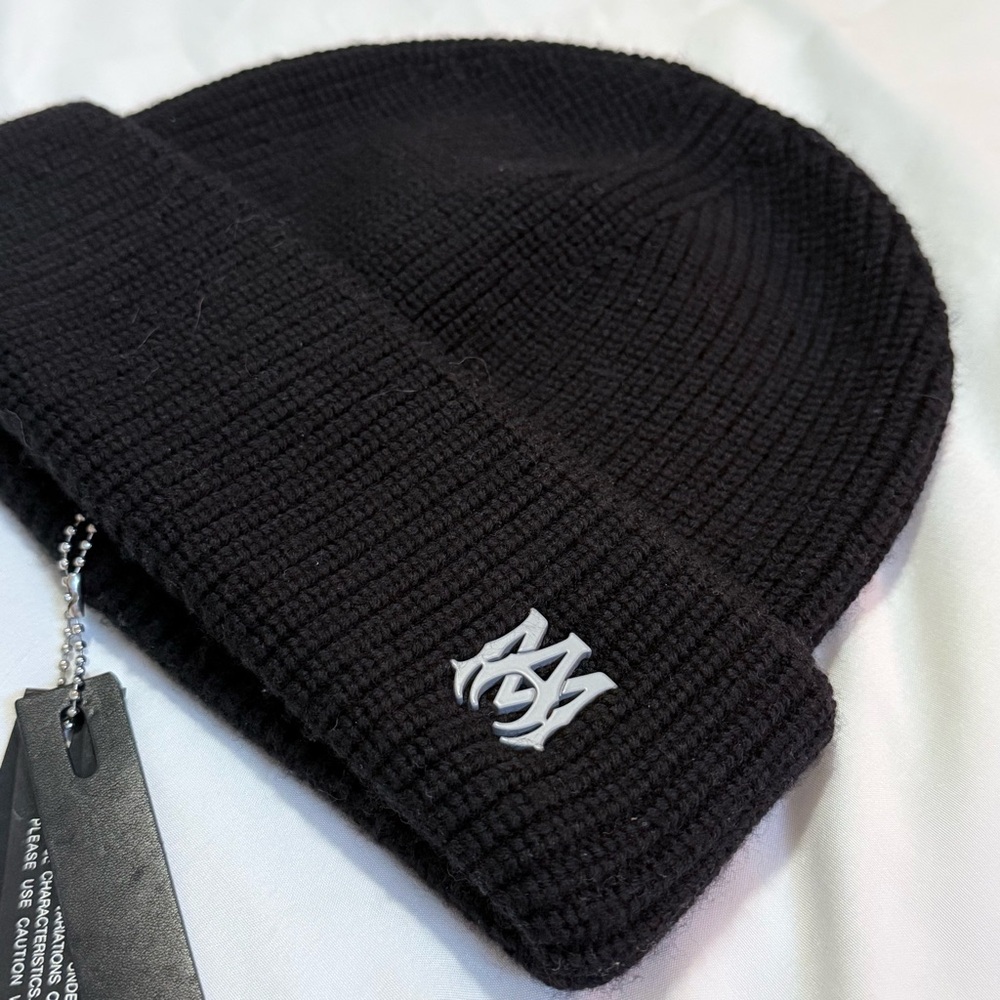 BNWT AMIRI Black Knit MA Beanie Hat with Logo Plaque